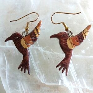 VINTAGE HAND CARVED BURLWOOD  EARRINGS DROP/DANGLE 2" LONG . BIRDS